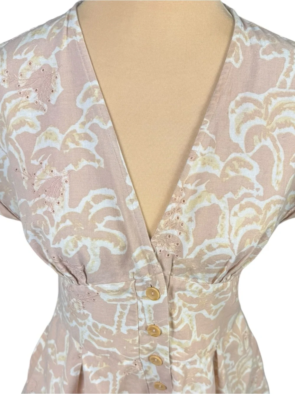 Zara Linen Blend Embroidered Eyelet Palm Tree Print Romper Button Front V-Neck M
